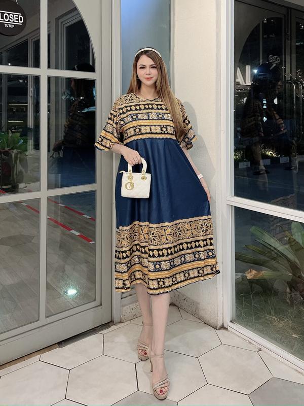 Dress Wanita dengan Kain Rayon Lembut dan Nyaman untuk Motif Songket Gelombang Cantik Casual Daster Panjang 2