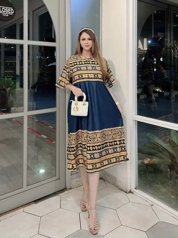 Dress Wanita dengan Kain Rayon Lembut dan Nyaman untuk Motif Songket Gelombang Cantik Casual Daster Panjang 1