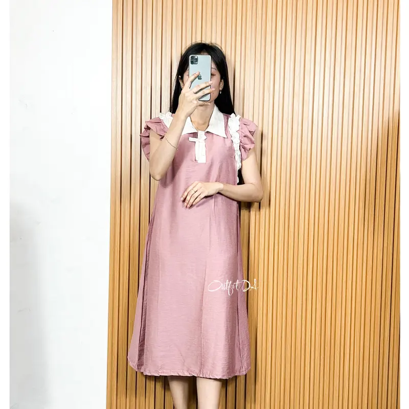 ROSELLA DRESS - Midi Dress Bahan Polo Linen Sleeveless Kombinasi Ruffle Wanita DA Grosir 6