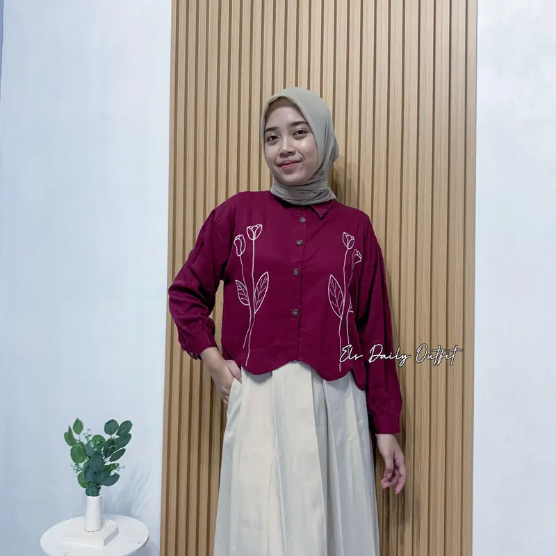 Camary Flower Shirt Kemeja Rayon Twill Bordir Bunga Atasan Wanita Crop Lengan Panjang OOTD Remaja Dewasa Kekinian 4