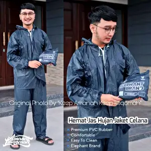 Setelan Hemat Jaket Celana Mantol Jas Hujan PVC Elephant Brand - Black - Blue