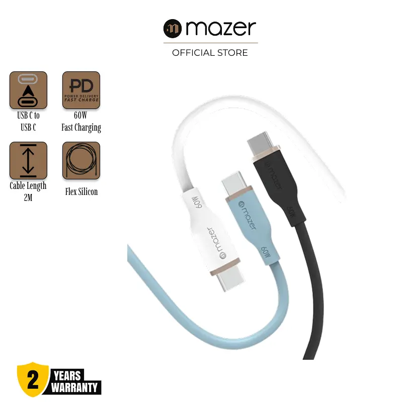 Mazer 60W USB C Cable, Type C Power Delivery Super Fast Charging Cord, Flex Cable, Fast Charging for iPhone 16 Pro Max/15, MacBook Pro, iPad Pro, Dell, Chromebook, Pixel, Galaxy S24, Switch