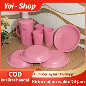 Yoi - (8 Pcs + Gratis 1 Pcs)  Set Peralatan Makan / Set Piring, Mangkuk, Teko, dan Gelas / Cocok untuk Acara Makan Bulat yang Spesial / Pring/Mangkok 4 + Teko 1 + gelas 1 +Gratis Piring/Mangkok 1 Plastik Sayur Kitchenware