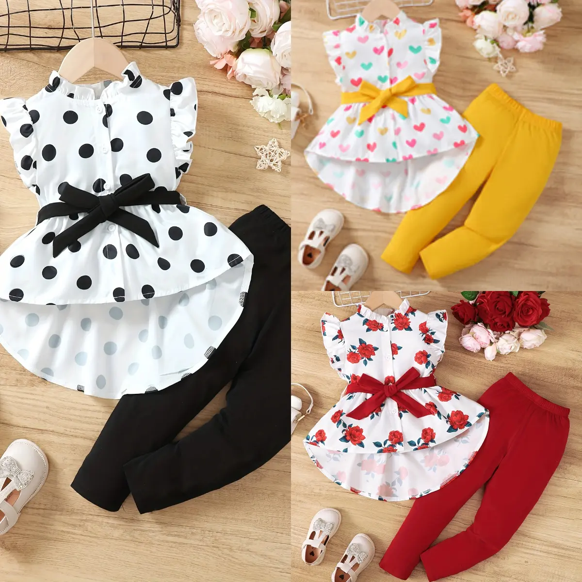 Pakaian Bayi Perempuan, Cetakan Polka Dot, Bertali pinggang, Baju Atasan Tanpa Lengan, Seluar Panjang Elastik, Pakaian 2 Keping, Saiz 18m-6t, 312312011, Stok Sedia