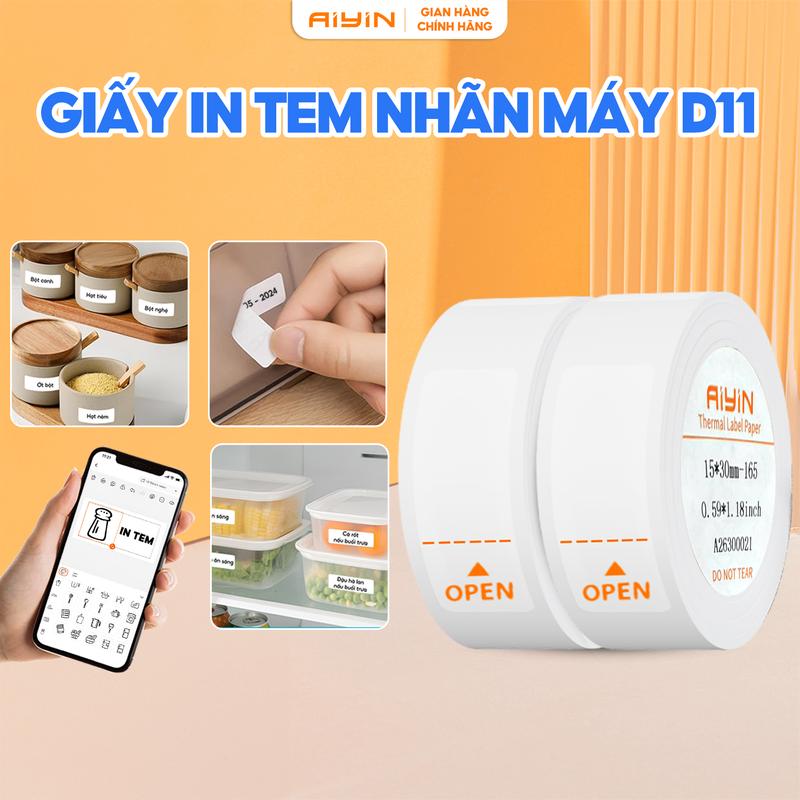 (GIẤY D11) Giấy dán nhãn in nhiệt khổ 15x30mm cho máy D11 dạng cuộn, tem tự dính chống thấm nước tiện lợi.
