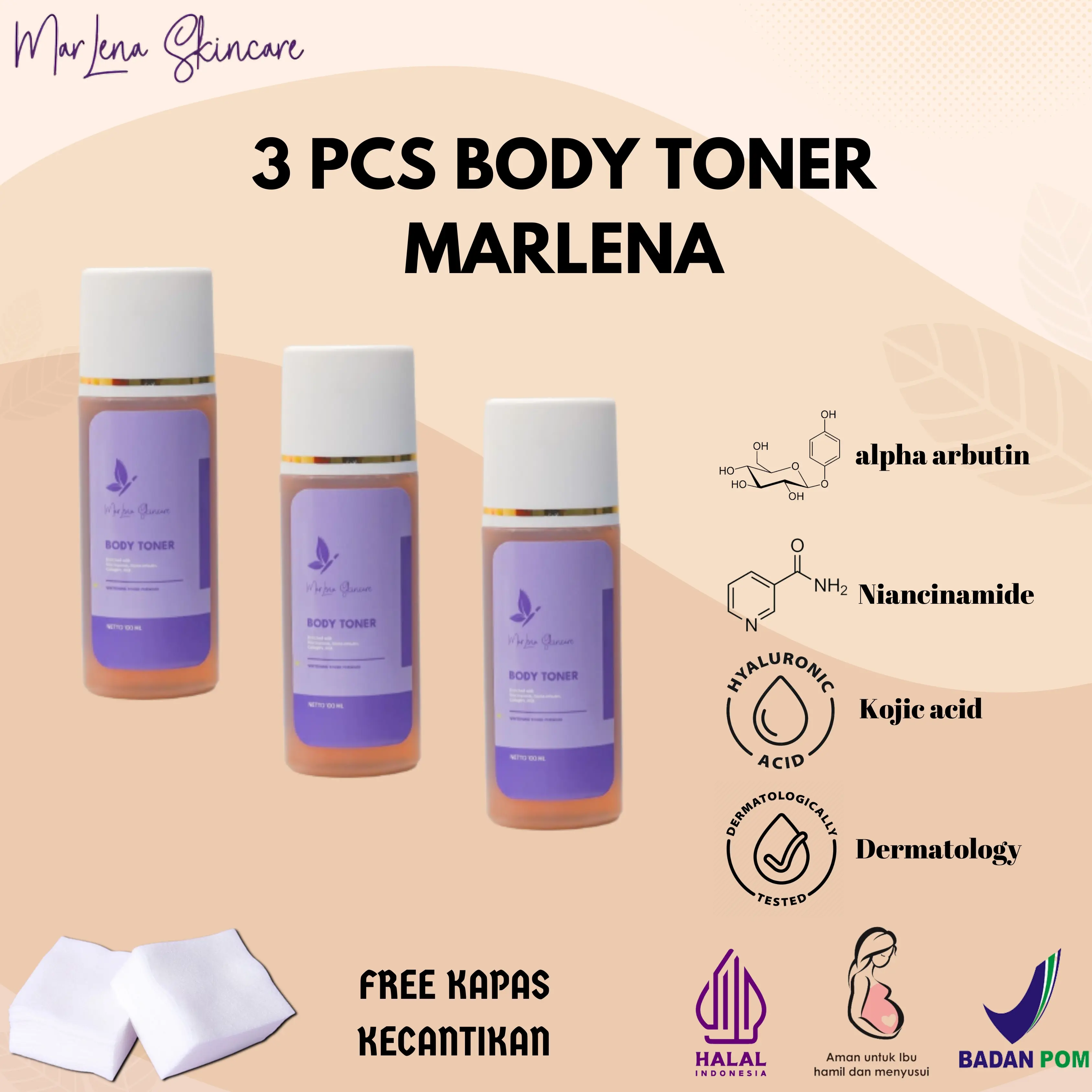 PAKET TONER BADAN MARLENA WHITENING 3 PCS FREE KAPAS