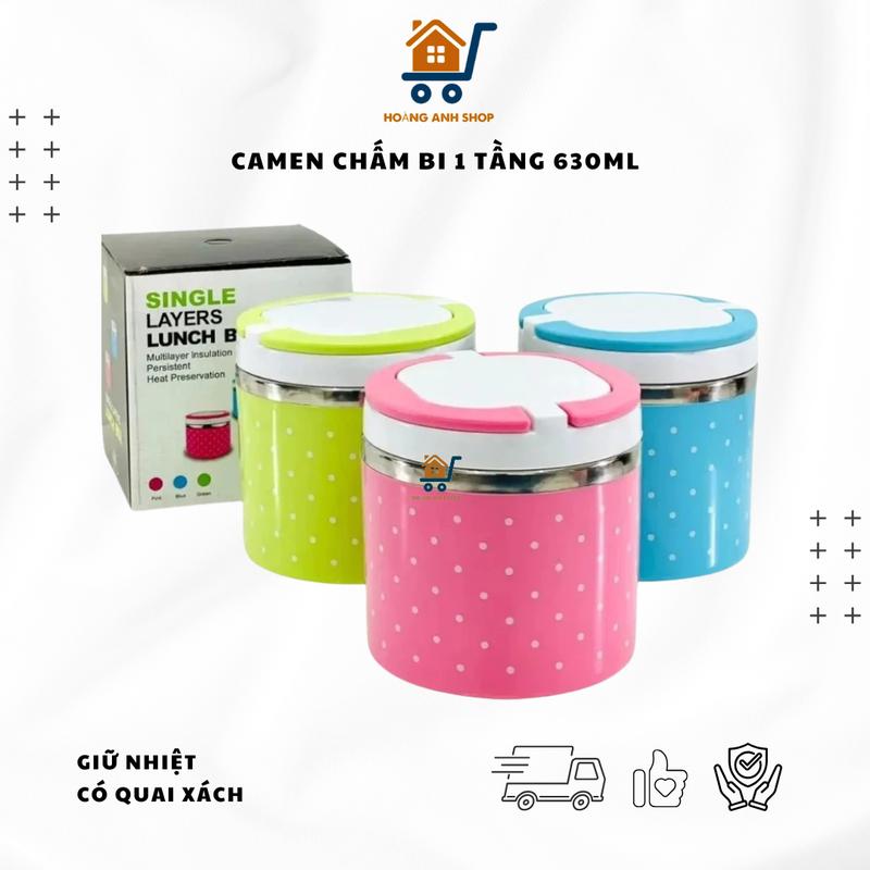 Camen Giữ Nhiệt Inox 1 Tầng 630ml Chấm Bi – Hộp Đựng Cơm Canh Cháo Có Quai Xách Chống Tràn