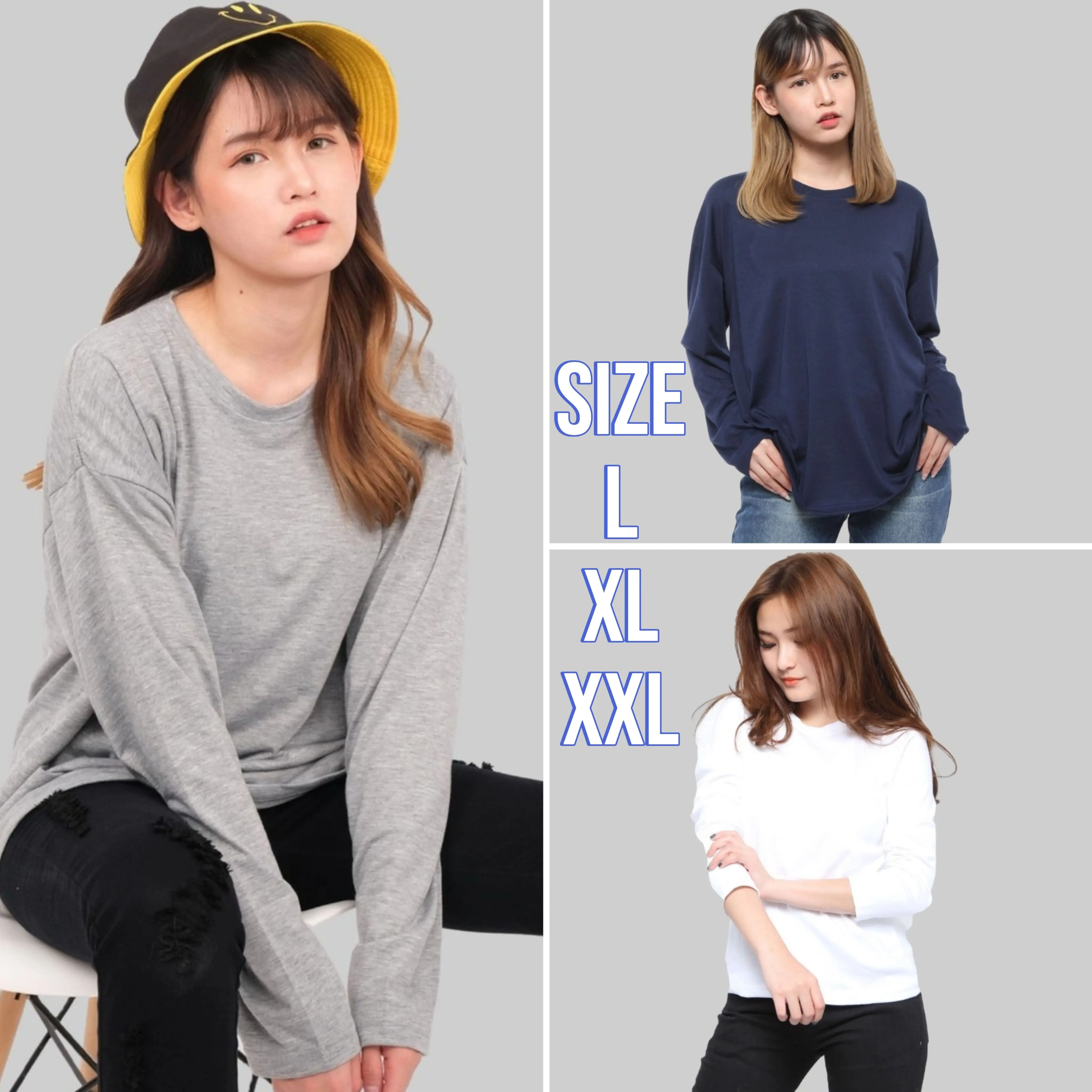 Baju Atasan Pakaian Kaos Kaus TShirt Oversize Longsleeve Adem ONeck Ootd Bahan Spandek Basic Oblong Polos Warna Hitam Merah Maroon Navy Putih Army Abu Remaja Fashion Wanita Cewek Perempuan Dewasa Tangan Lengan Panjang XXL XL Jumbo L Terbaru Kekinian Murah