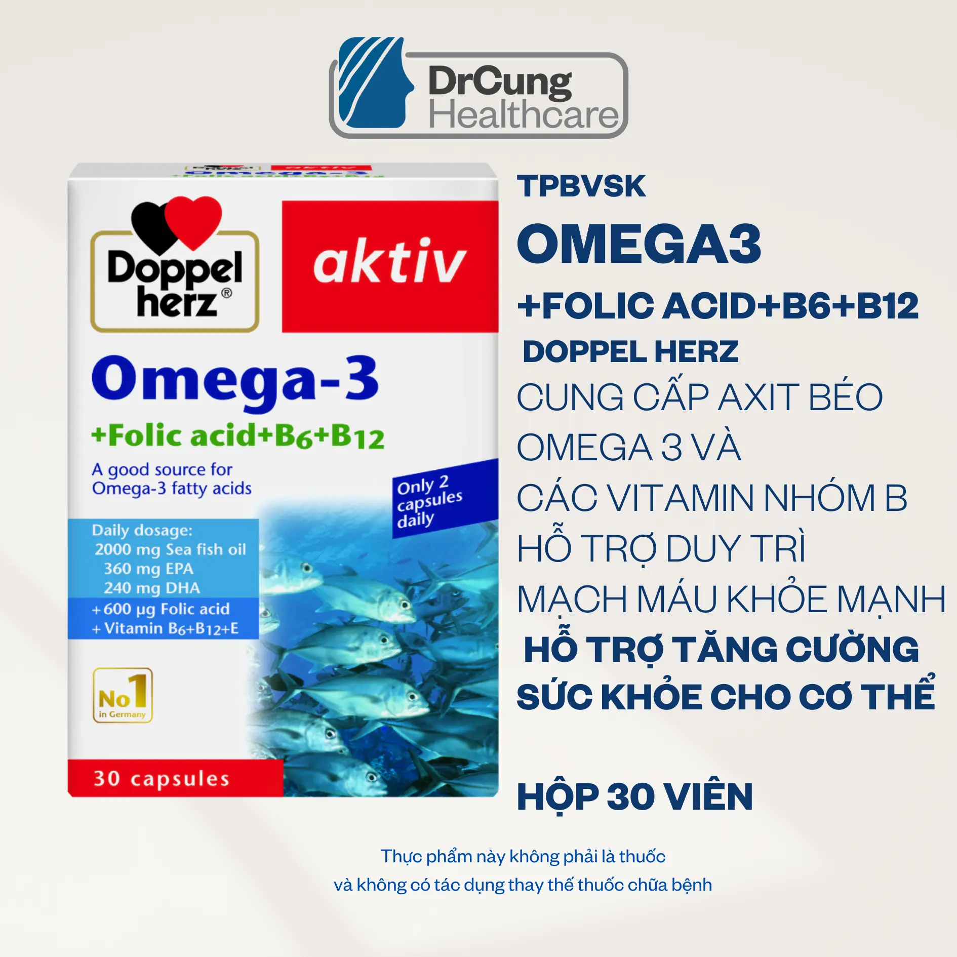 TPBVSK Doppelherz Omega-3 Dầu Cá Hộp 30 viên Hỗ trợ bổ sung DHA, EPA, Acid Folic, B6, B12 dành cho người lớn Hàng nhập khẩu chính hãng