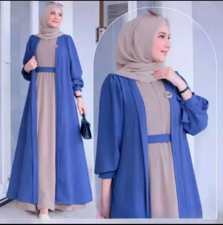 gamis set 2 in 1 Inner Cardigan plus hijab pashmina terbaru Crinkle Airflow mewah kekinian 2