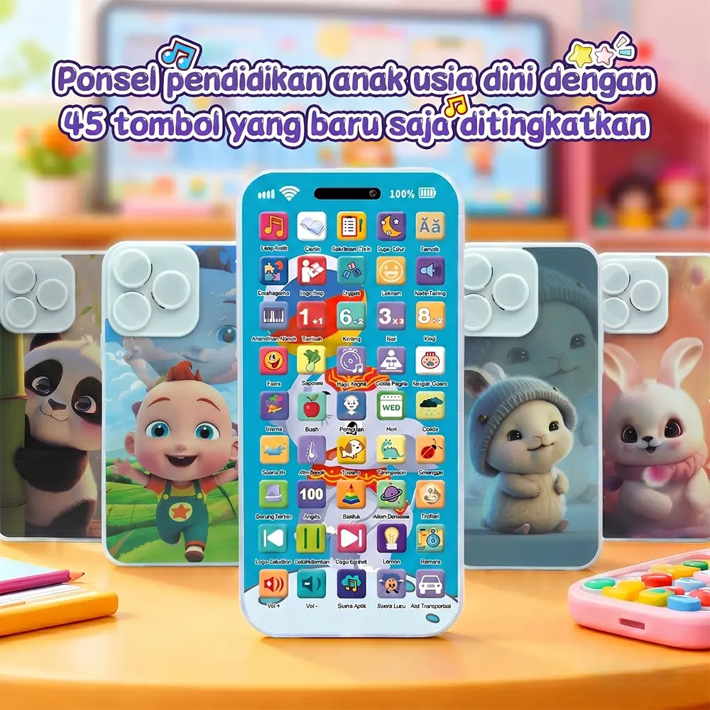 Mainan anak-anak Mainan Edukasi Anak   Ponsel 45 Tombol Berukuran Kecil Dan Ringan Mudah Digenggam Oleh Anak Yang Praktis Dilengkapi Konten Edukasi Musik Lampu Baterai Tipe C Isi Ulang Cocok Untuk Balita Di Kamar Tidur Dan Ruang Keluarga