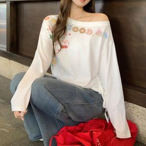 Áo Thun Nữ, In Chữ Và Graffiti, Vai Bất Đối Xứng Tay Áo Dài, Hàng Mới Về Mùa Thu, Áo Lớp Bên Trong Dáng Rộng Rãi, Phong Cách Ruched, 3602 #