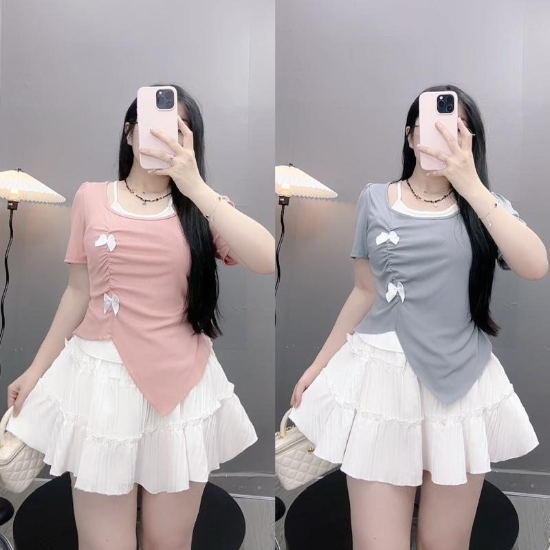 Áo Thun Kiểu Bigsize Phối Cổ Yếm Vạt Nhọt Và Đính Nơ Dễ Thương Vải Tăm Qc Cao Cấp Mặc Mát Mẻ Cho Chuppy 60-93Kg - A278