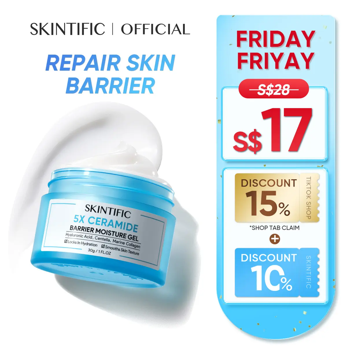 [SKINTIFIC OFFICIAL] SKINTIFIC 5X Ceramide Moisturiser 30g Skin Barrier Repair Moisturizer Skincare Gel acne  skin barrier  acne glass skin blue moisturizer  Hydrate Moisture Hydrating Flower Oil Control Restore