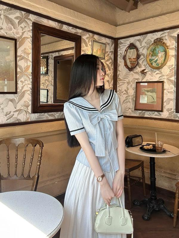 Áo sơ mi cổ thủy thủ phối nơ xinh xắn  tay ngắn trẻ trung LAMO - B1469