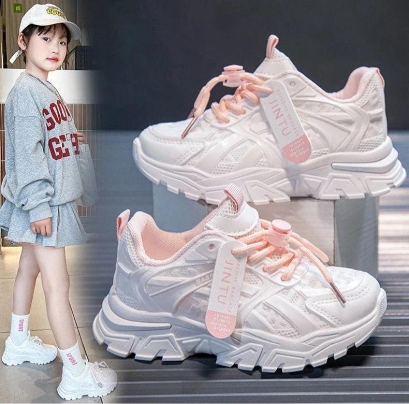 Jintu Shoes Sepatu Sneakers Anak Perempuan Korean Style Terbaru Bahan Sintetis Mesh Premium Warna Putih Hitam Pink Size 26-35