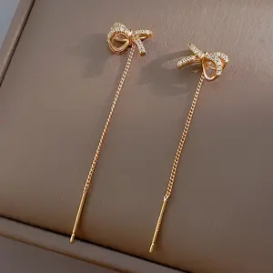 AT06 Beli 68K dapat gratis bonus (COD)Anting Korea Fashion Pita Berlian dengan Rantai Panjang, Elegan untuk OOTD Hijab
