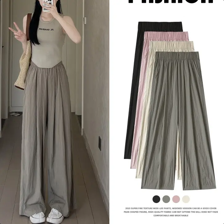 GDTIMA Casual Ice Silk Celana Highwaist Wanita Polos Loose Pants Pinggang Elastik Celana Panjang