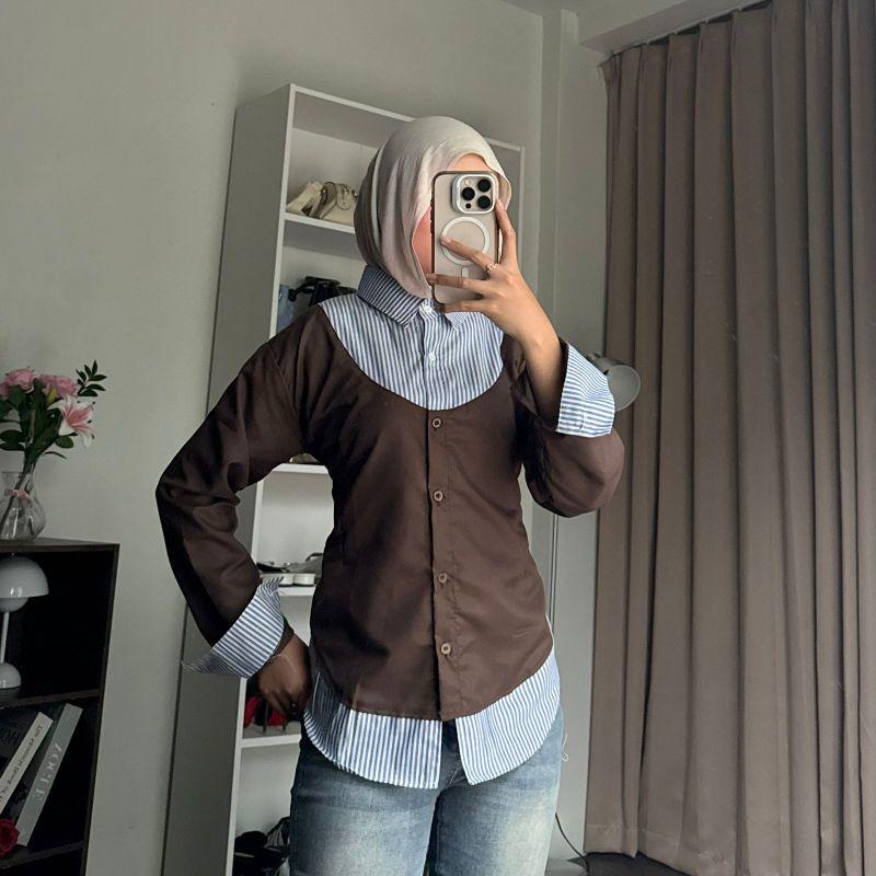 Zalika Girls_ Kemeja Wispi Yereuu Shirt Kemeja Blouse Wanita kombinasi Layer Stripe 2in1