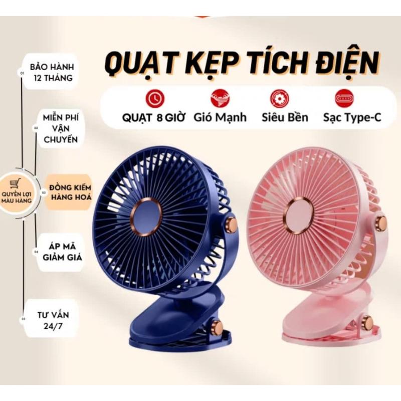 (Loại 1) Quạt tích điện, quạt điện kẹp bàn tích hợp đèn ngủ, xoay 360 độ có kèm dây sạc quạt mini Phụ Kiện, tích điện