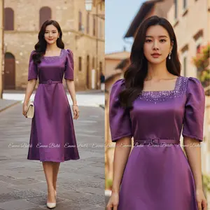 Emma.Butik E00628 Gaun Pesta Wanita Hijau Botol Dress Midi Formal Manik Mewah Gereja A-line Square Neck Satin Bridal
