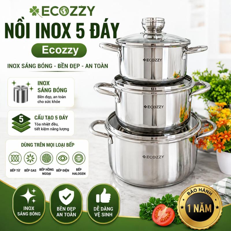 Nồi INOX 5 đáy cao cấp ECOZZY dùng trên bếp gas, bếp điện, bếp hồng ngoại, bếp…