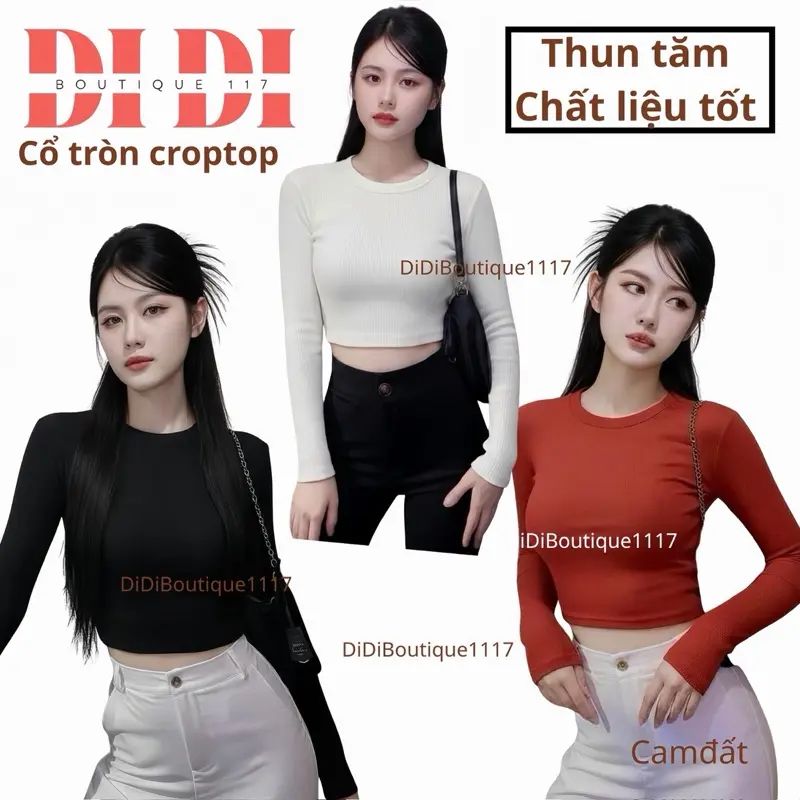 ( Màu mới ) Combo 3 áo thun nữ tay dài croptop cổ tròn ôm body. Thun tăm co giãn mịn mát , thấm hút tốt form đẹp .DiDi boutique 1117