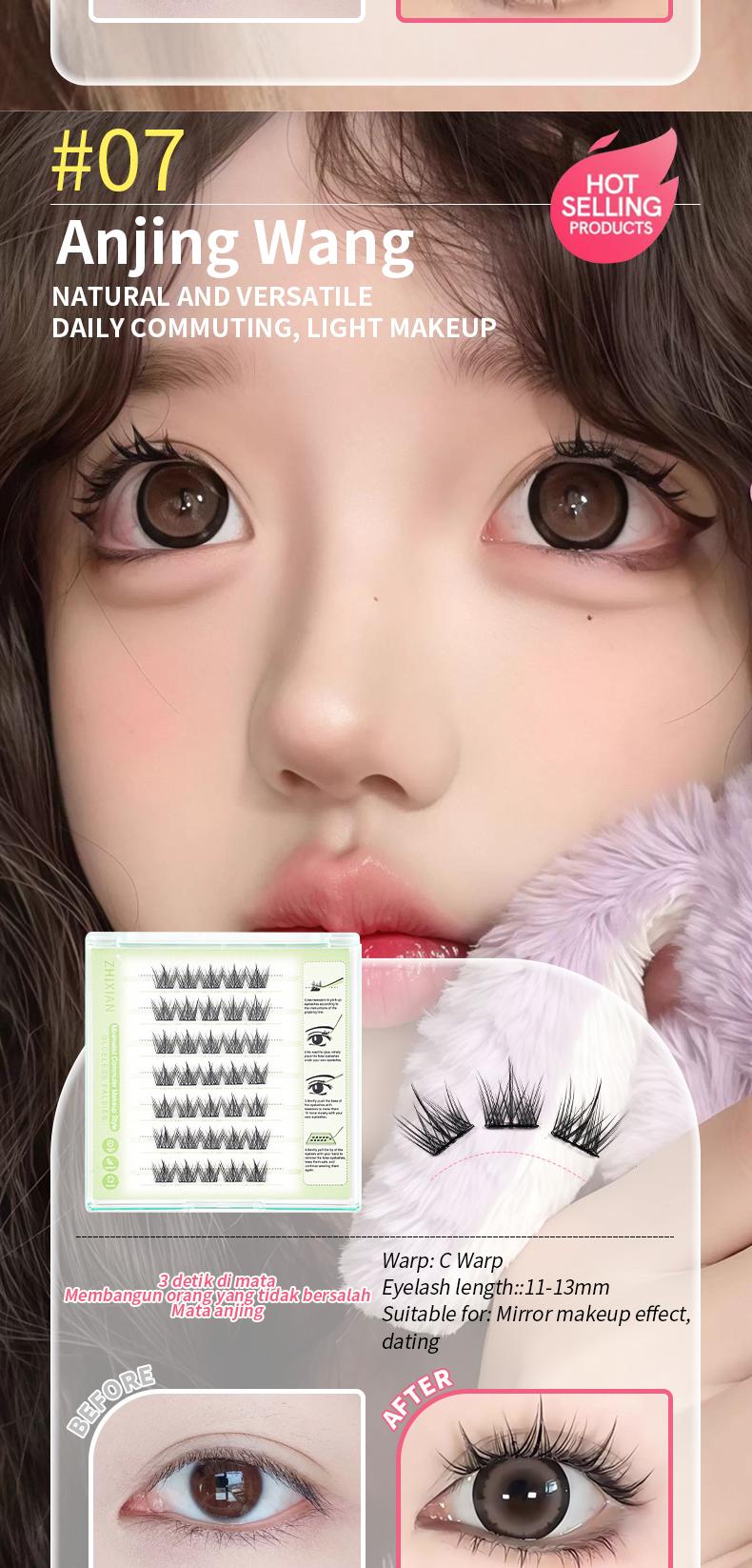 ZhiXian Bulumata palsu pemula bebas lem tidak perlu menggunakan lem bulu mata palsu dapat digunakan kembali Eyelash extension set C Curl False Eyelash Length 10-12 mm