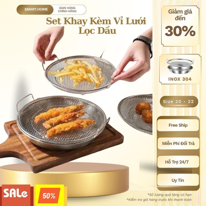 Khay Lọc Dầu Mỡ INOX304 , Sét Khay Lọc Dầu Nồi Chiên Cao Cấp Size 20-22cm