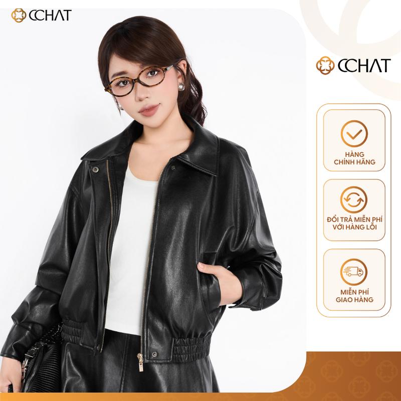 BST THU ĐÔNG Áo Khoác Da Nữ CCHAT Dáng Suông Bo Chun Tay Dài Chất Da Mềm 25KMA2001ST