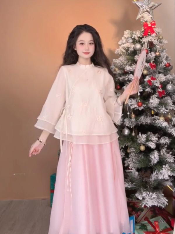 Set Pháp Phục Áo Tay Loe phối nhiều tầng và chân váy dài size S M L Phong cách tiểu thư sang trọng S144