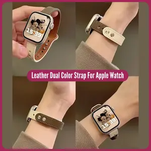 Leather Dual Color Strap For Apple Watch 1 2 3 4 5 6 7 8 9 Ultra S10 ukuran 38mm 40mm 41mm 42mm 44mm 45mm 46mm 49mm