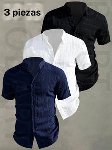Pack de 3 camisas para hombre de manga corta para verano: ligeras y transpirables, de color sólido, abotonadas con cuello alto y bajo, ideales para vacaciones en la playa, fiestas en la piscina y atuendo casual; camisa de playa, regalo para esposo