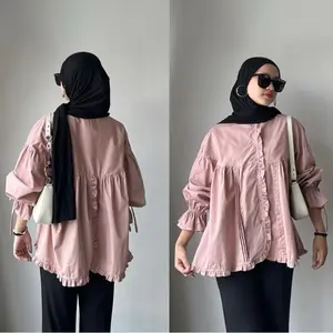 Noora & Co. - Kemeja Atasan Wanita Korean Style Model Rempel Kekinian Lengan Tali Bahan Polo Linen