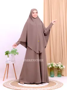 Gamis Alesha - Abaya Syar'i Set Hijab Bandana + Free Cadar tali Sabrina Anti UV Highquality - Muslim Wanita Dress Syari Mewah Cantik Hitam Basic Dewasa Remaja Wudhu Lebaran Nyaman Casual Ibu Brown Soft