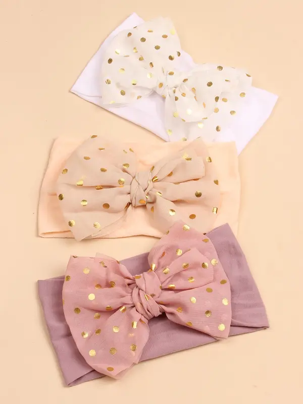 3pcs Baby's Cute Polka Dot Print Bow Decor Baby Hair Band, Solid Color Elastic Hair Band for Infants Baby Girls, Baby Hair Accessories 4