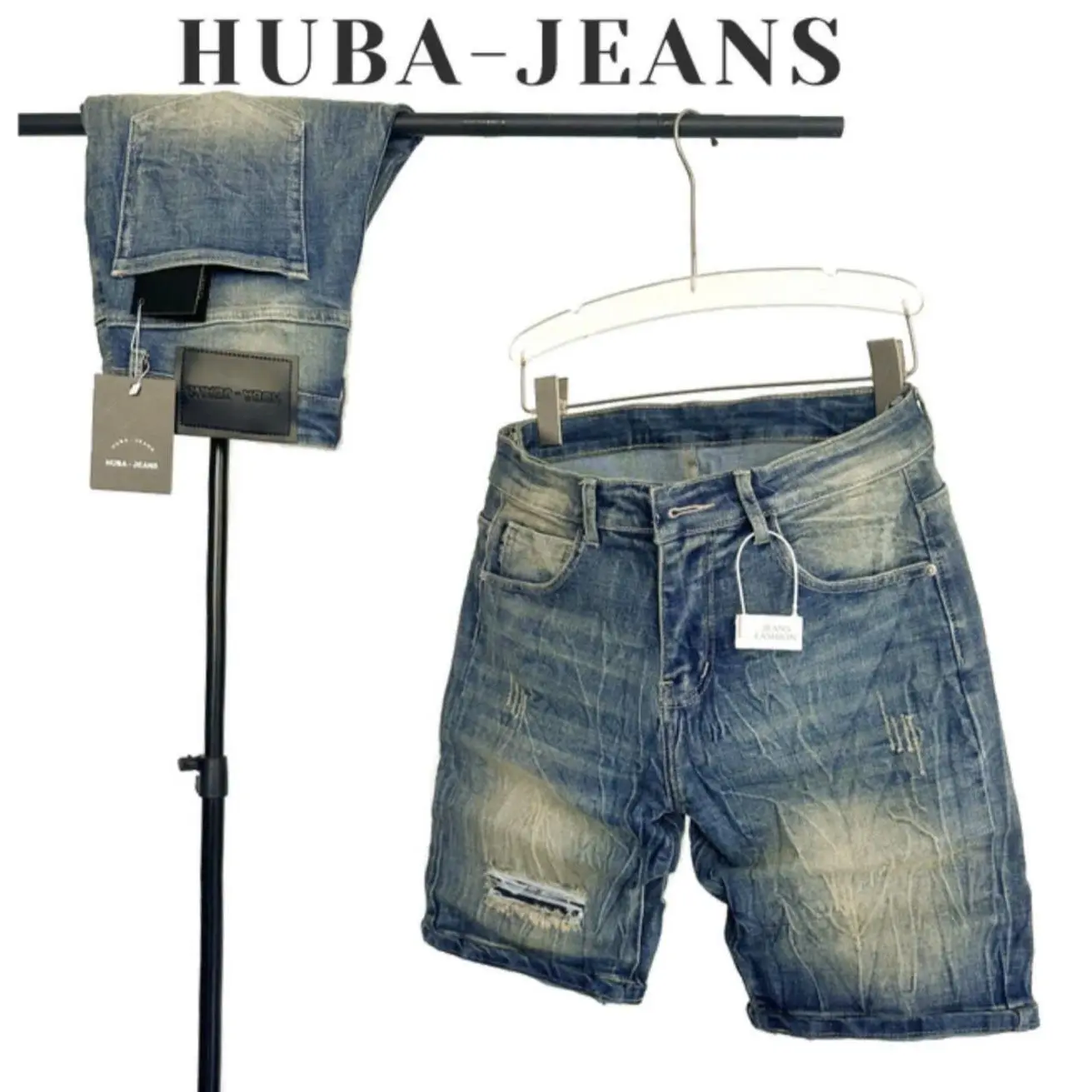 Quần short jeans nam HUBA-JEANS bluewash rách Menswear Pants Có Túi Denim chất liệu cao cấp