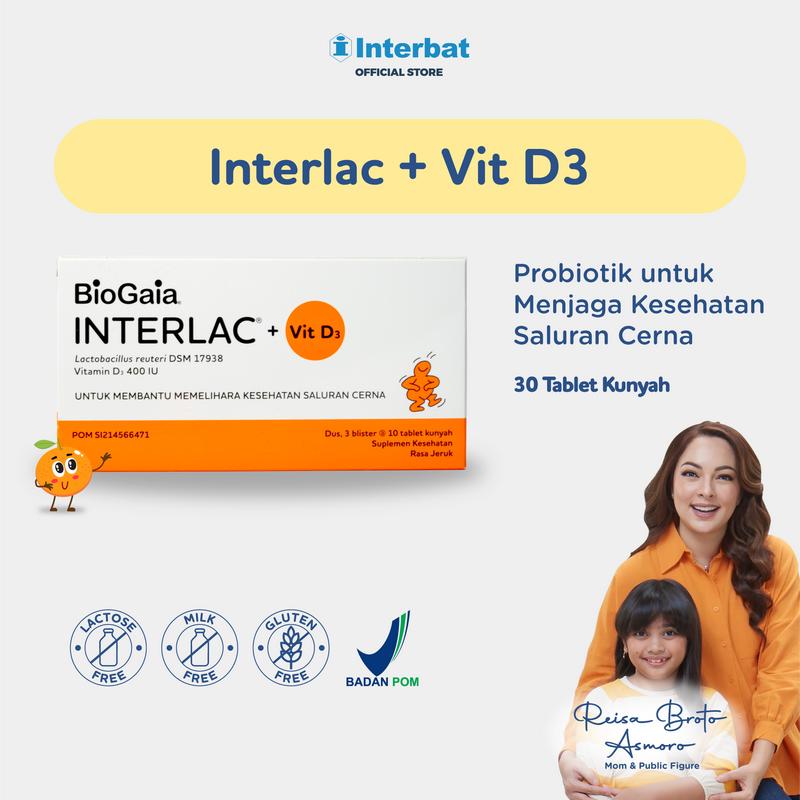 Interlac Probiotik + Vit D3 400 IU 3 Strip @10 Tablet - Menjaga Kesehatan Saluran Cerna dan Daya Tahan Tubuh Anak hingga Dewasa 2
