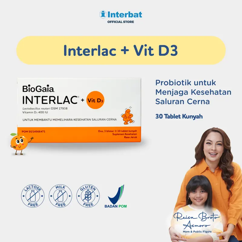 Interlac Probiotik + Vit D3 400 IU 3 Strip @10 Tablet - Menjaga Kesehatan Saluran Cerna dan Daya Tahan Tubuh Anak hingga Dewasa 1