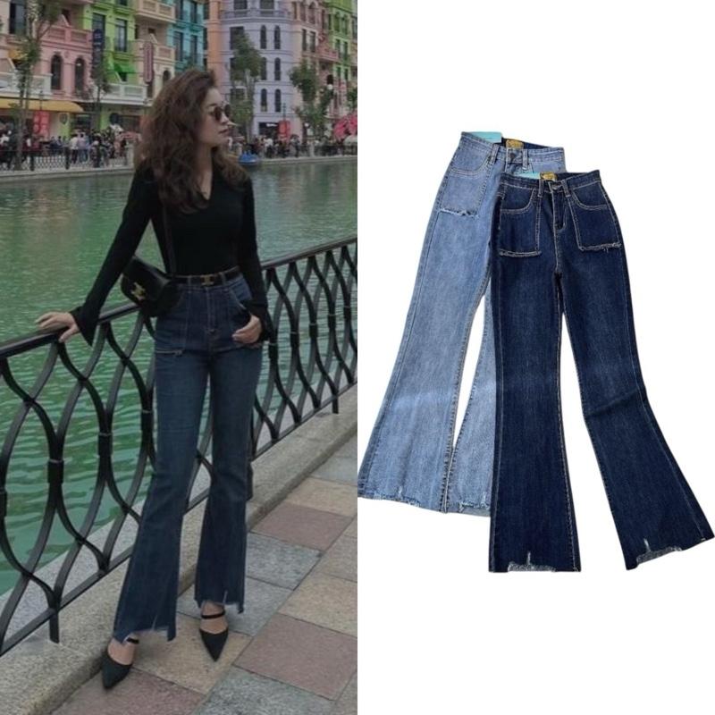 BIEEN JEANS- Dài 100cm Quần bò jean ống loe phối túi đắp rách lai cạp cao tôn dáng vải jean mềm co dãn