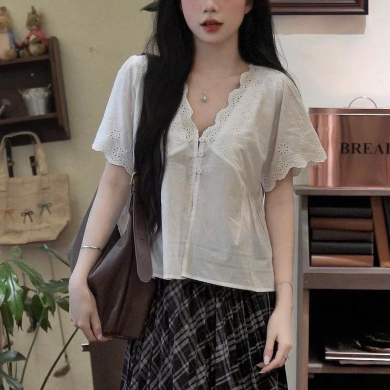 SMOR F1 Áo sơ mi kiểu nữ phối hoa thêu cotton SORA