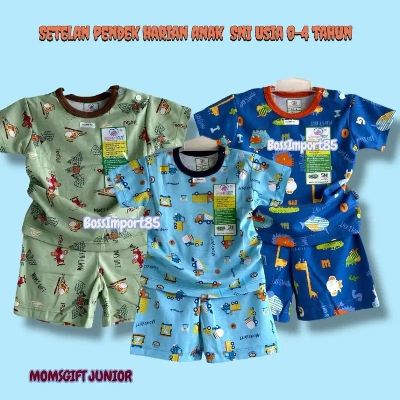 3 stel_stelan pendek anak harian_moms gift junior_stelan kancing pundak anak_adem_nyaman aman_sni_terlaris_terjangkau_Lengan pendek Katun Bisa Dicuci Dengan Mesin Baju