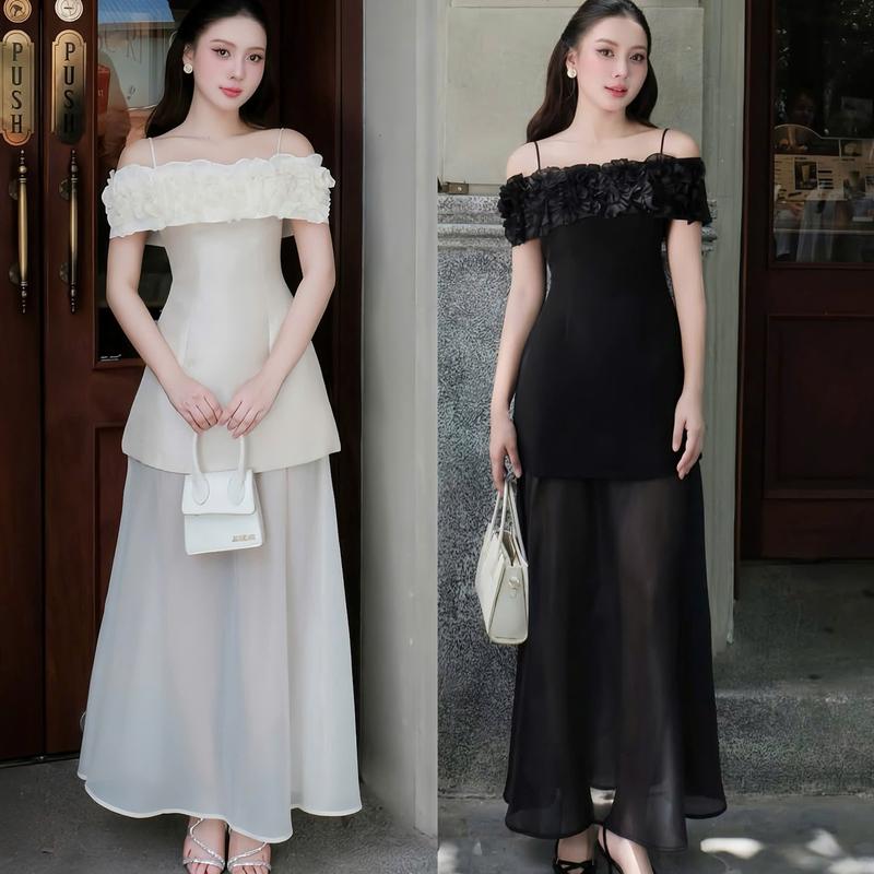  Set váy BIGSIZE trễ vai kèm chân váy dáng dài  50-120kg  sang trọng thanh lịch hack dáng đi tiệc được may 2 lớp tỉ mỉ- Ú XINH STORE   Đen Nữ Dress -D273  Set Đầm Vai Bèo  