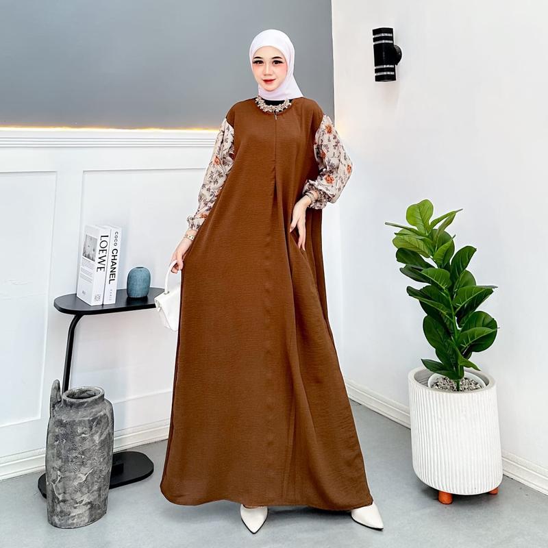 Alesia Dress crinkle mix rayon viscose muslim wanita Viral kekinian Santai Nyaman Airflow Gamis Textured Woven Fabric White Murah Tapi Mewah Lebaran Zipper Remaja crinkle airflow bisa dicuci dengan mesin kondangan 1