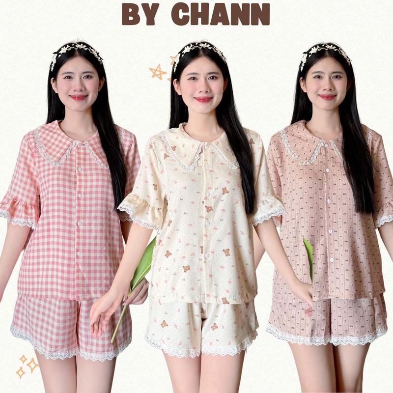 Bộ Đồ Ngủ BY CHANN (Bộ Đũi Mây) Cổ Nhọn Phối Viền điệu đà, quần cộc áo cộc mặc nhà, chất liệu đũi vân mây