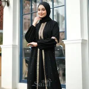 Gamis Hitam Turkey Abaya Arab Resleting Depan Maxi Dress Muslim Wanita Turki - Ziper Renda