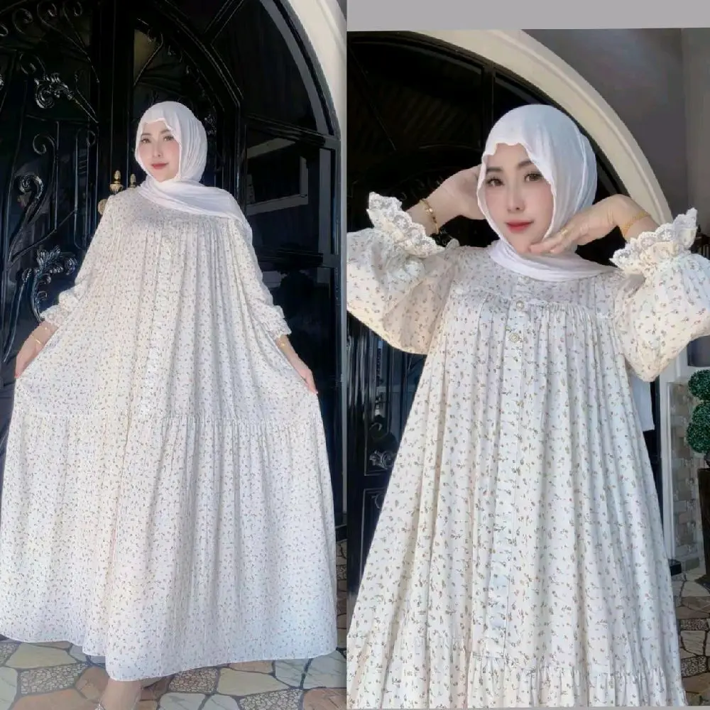 Gamis Tika Dengan Lengan Balon Kombinasi Renda untuk Tampilan Elegan Gamis Muslim