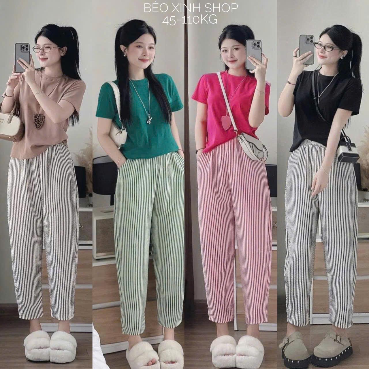 Thời Trang Bigsize Set Áo Thun Quần Sọc Vải Cotton Bigsize Từ 45 - 110Kg Nữ Top Women Xoè - A.1624