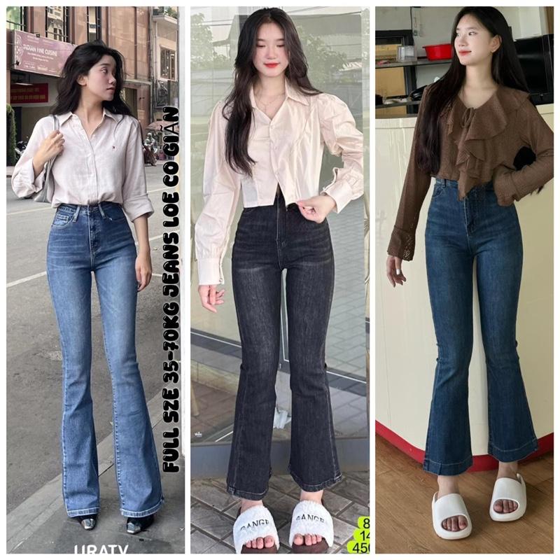   BIG SIZE 35-85KG  Quần Jean Nữ Ống Loe Lưng Cao Co Giãn Màu Xanh Muối tiêu - Quần ống Bass  Tôn dáng 