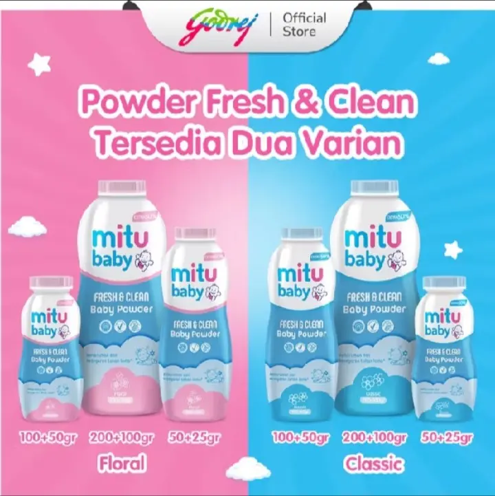 bundling 2pcs mitu baby powder fresh&clean jumbo 150 gr. 2